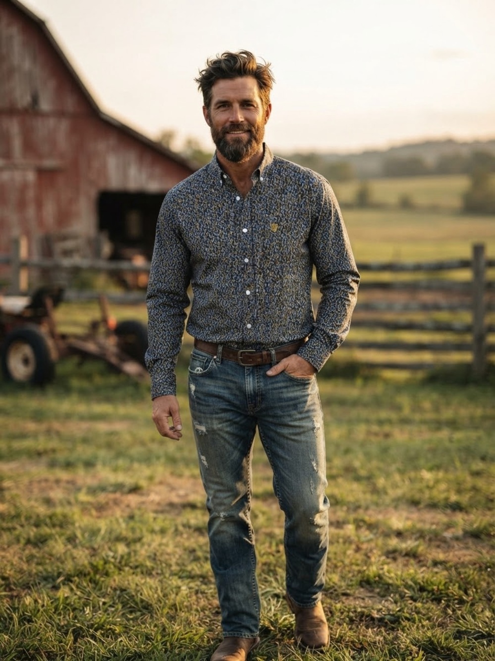 Ariat Navy Button-Down Shirt with Yellow Micro Print
